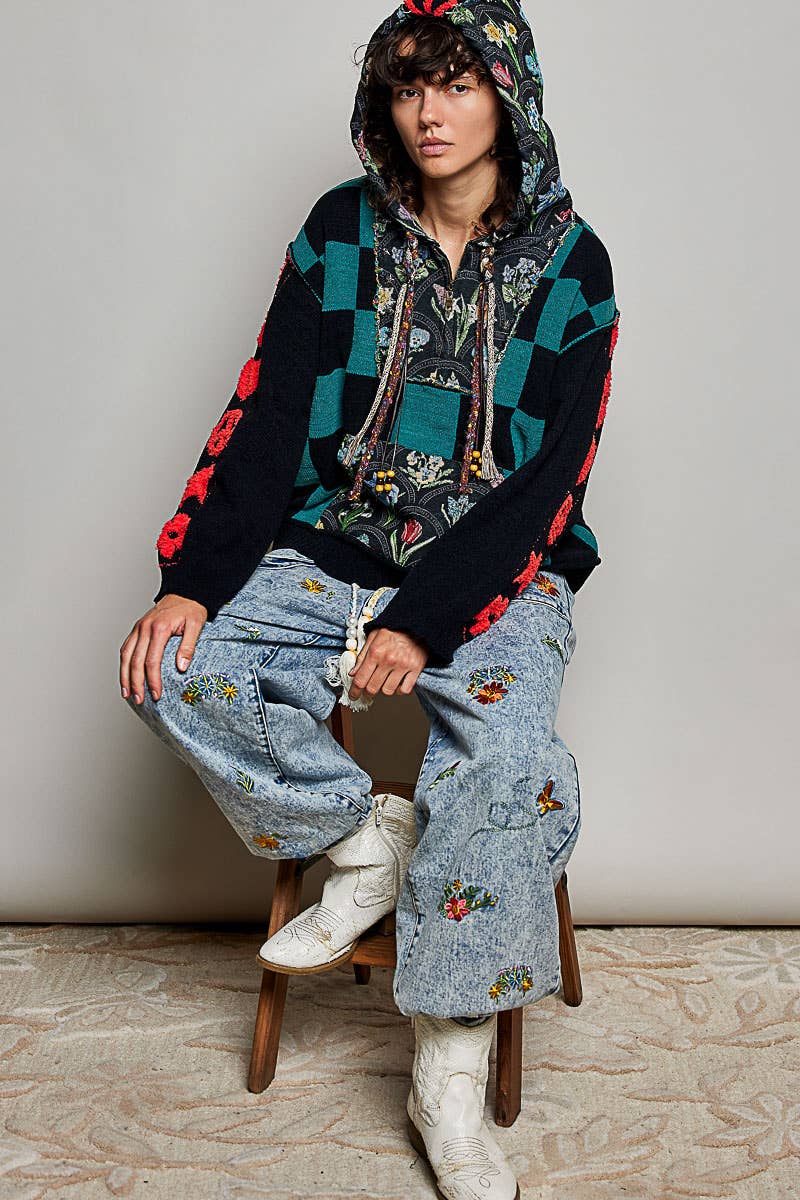 Checkerboard Floral Jacquard Knit Hoodie