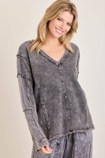 Mineral Washed Sweater Weather Vneck Knitted Top