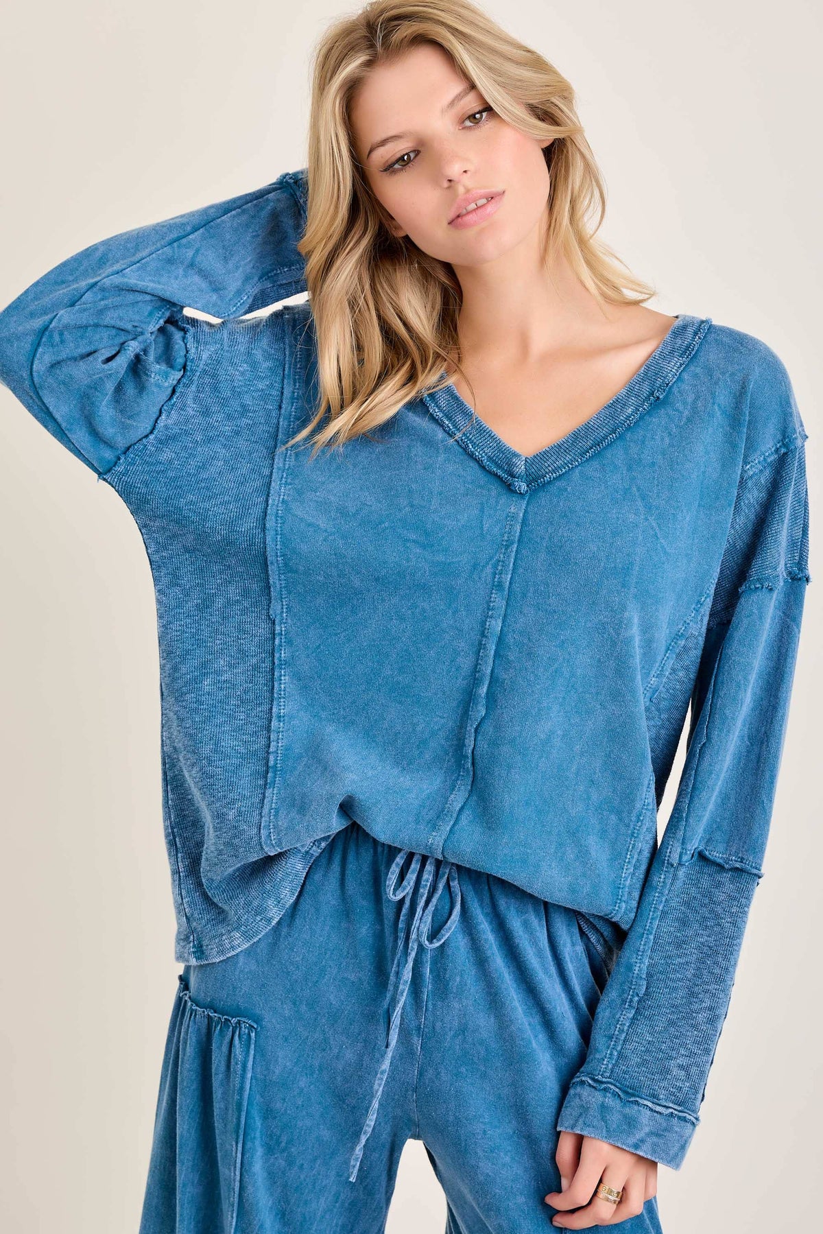 Mineral Washed Sweater Weather Vneck Knitted Top