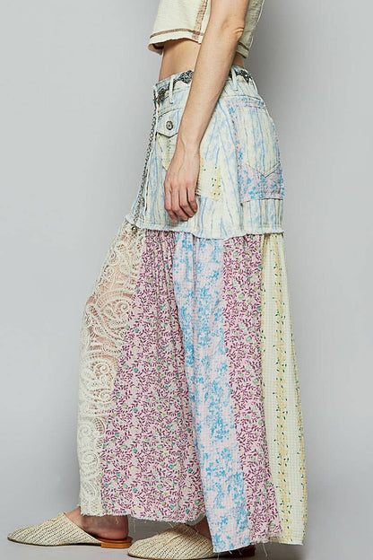 Woven floral print mixed skirt
