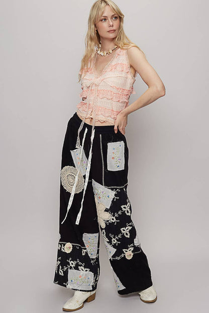 Solid Lace Patch Detail Woven Pants