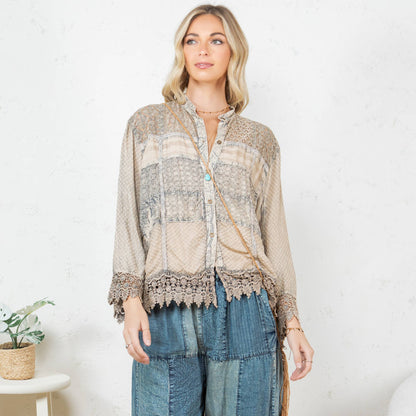 Lace Patch Shacket with White Shell Buttons