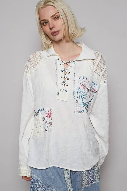 V-neck Contrast Double Gauze Top