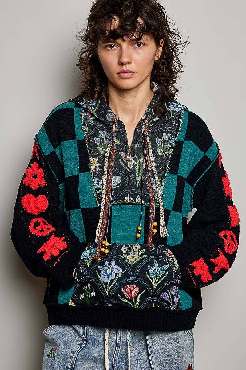Checkerboard Floral Jacquard Knit Hoodie