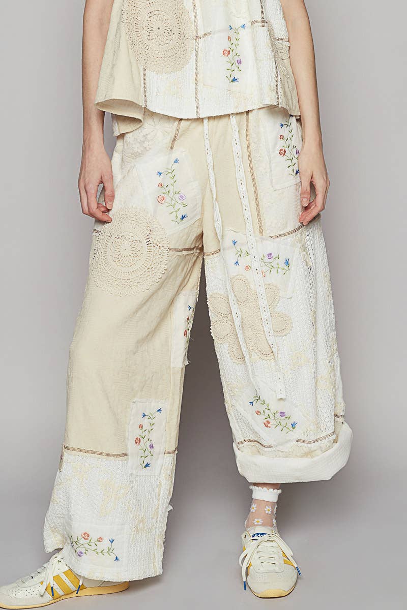Solid Lace Patch Detail Woven Pants
