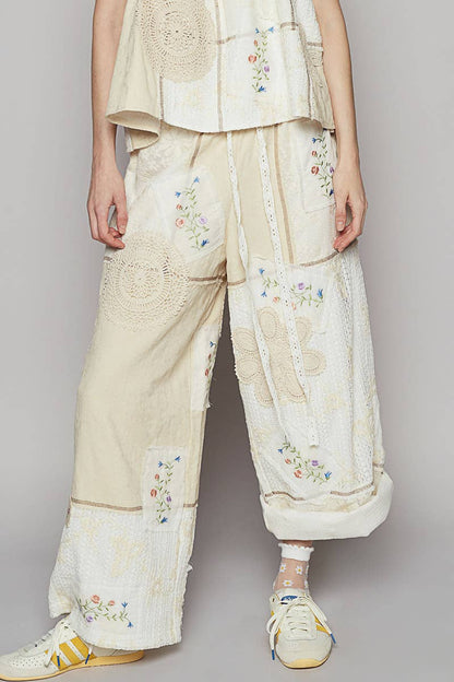 Solid Lace Patch Detail Woven Pants