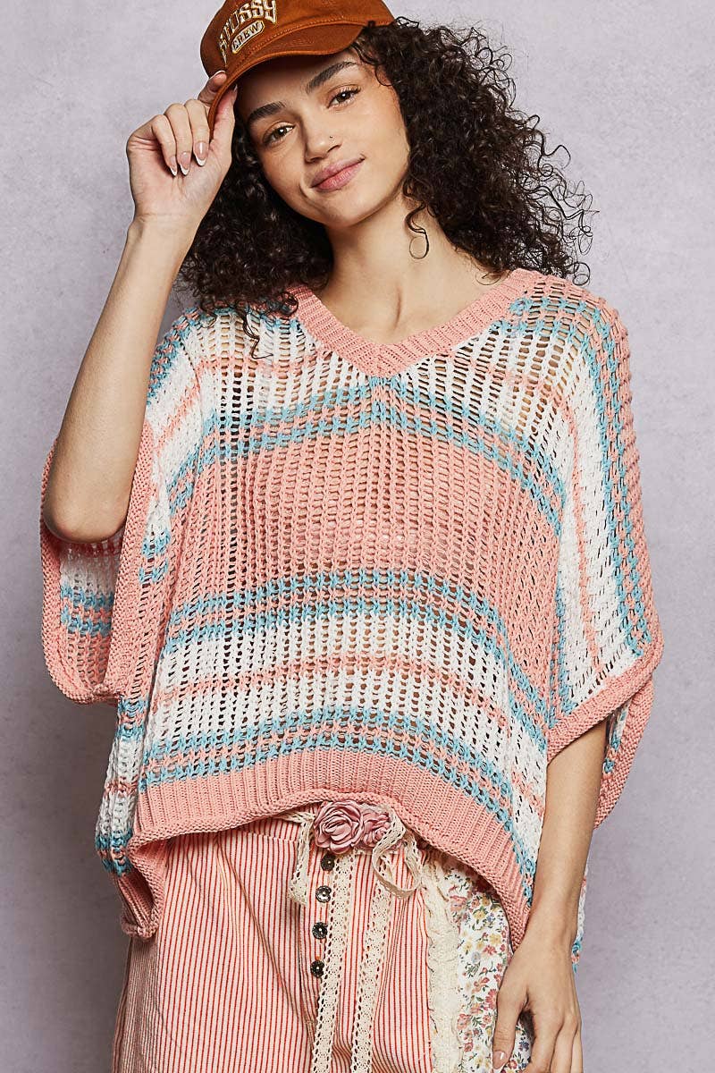 Short Sleeve V-neck Striped Thin Sweater Knit Top
