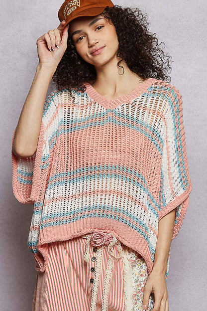 Short Sleeve V-neck Striped Thin Sweater Knit Top