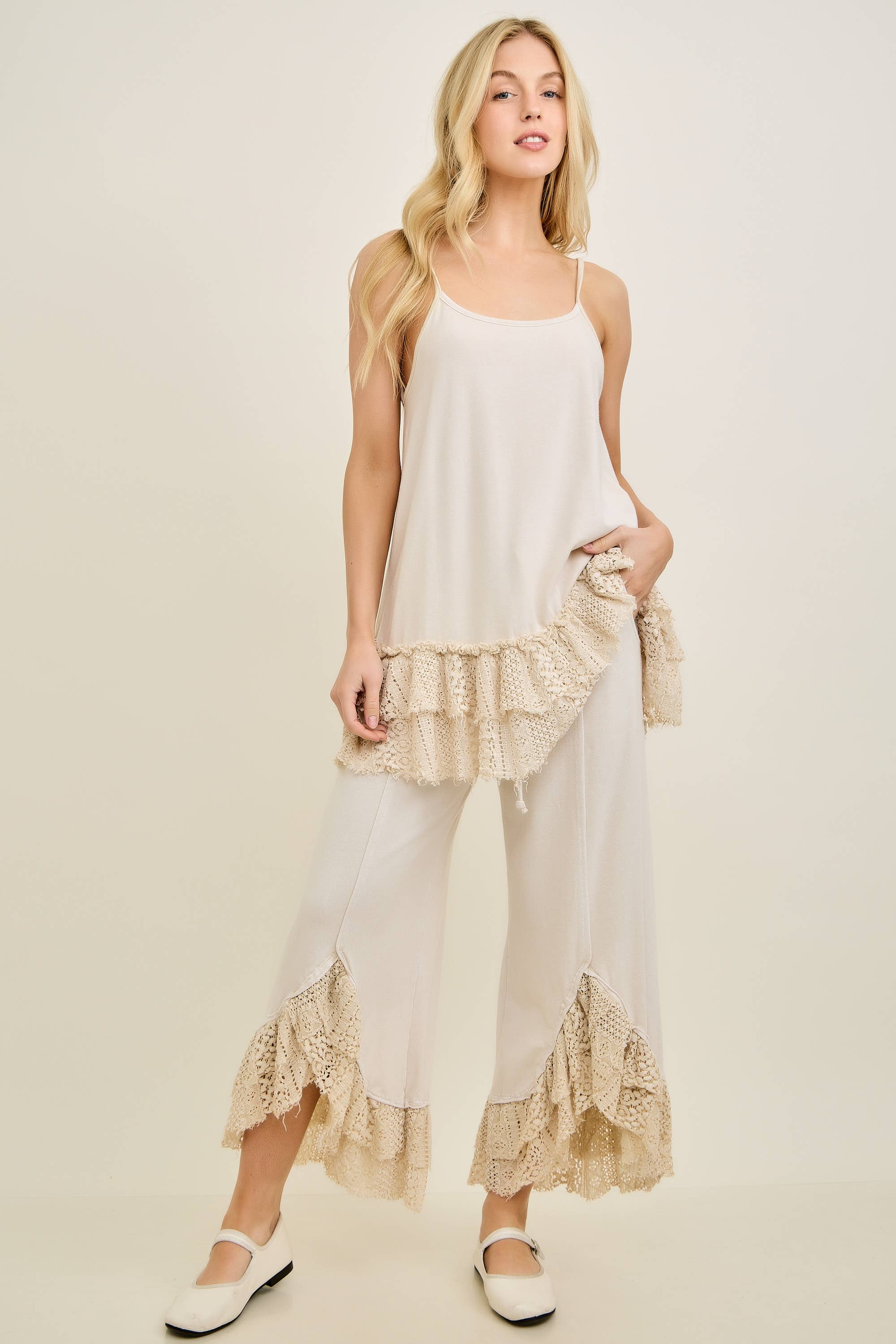 Mineral Washed Tiered Lace Cami Tank Top