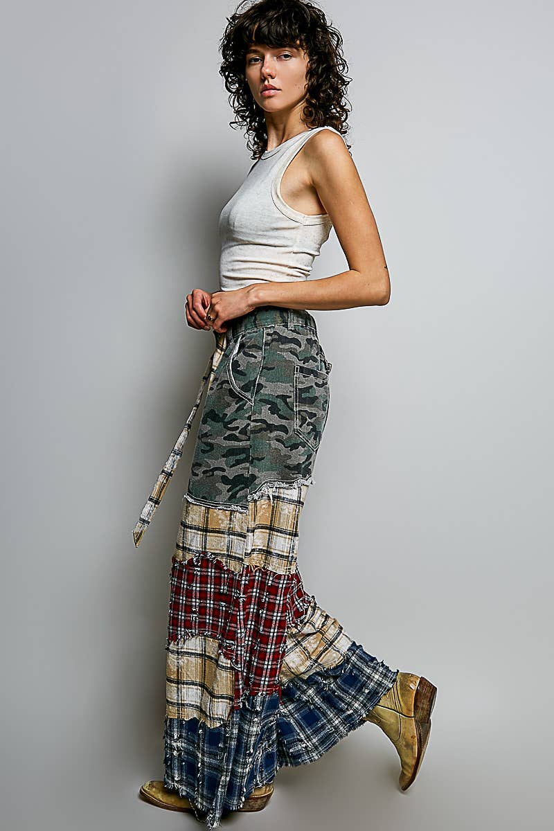 Patchwork Buckle Back Woven Pants