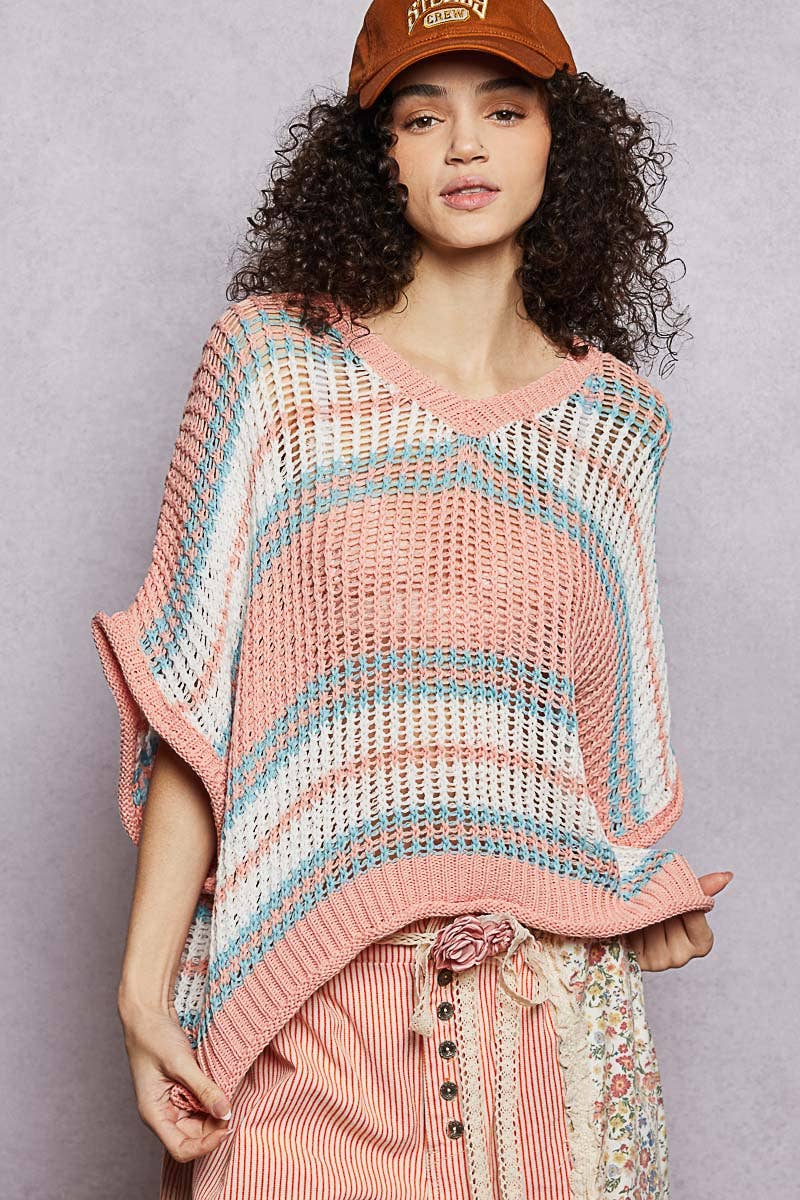 Short Sleeve V-neck Striped Thin Sweater Knit Top
