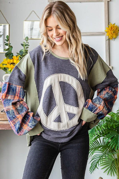 Peace Plaid Sleeve Pullover - Random Hippie