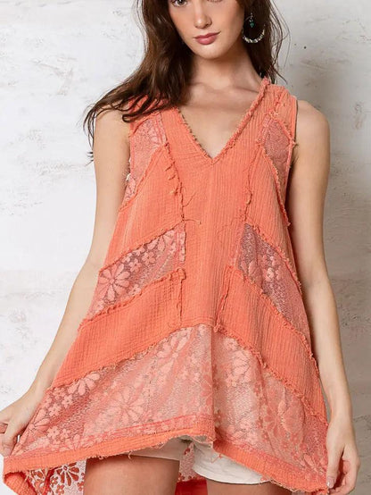 Sleeveless Lace Inset Tunic Top - Random Hippie