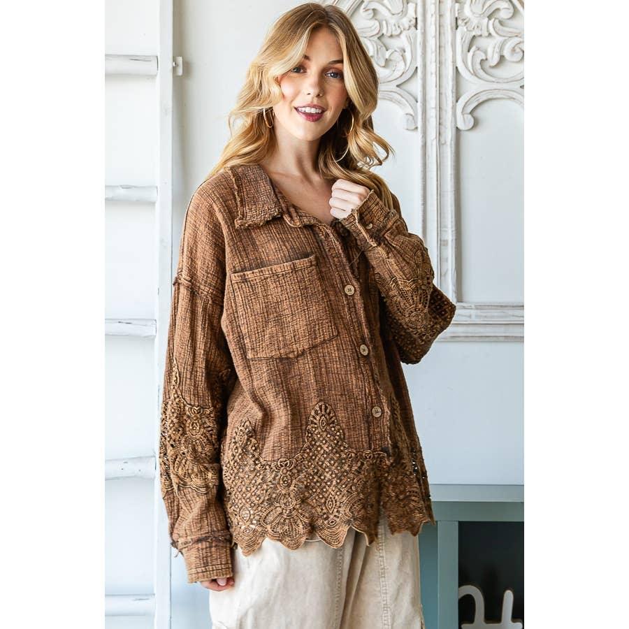 WASHED LACE MIXED BUTTONDOWN SHIRT: COFFEE / S - Random Hippie