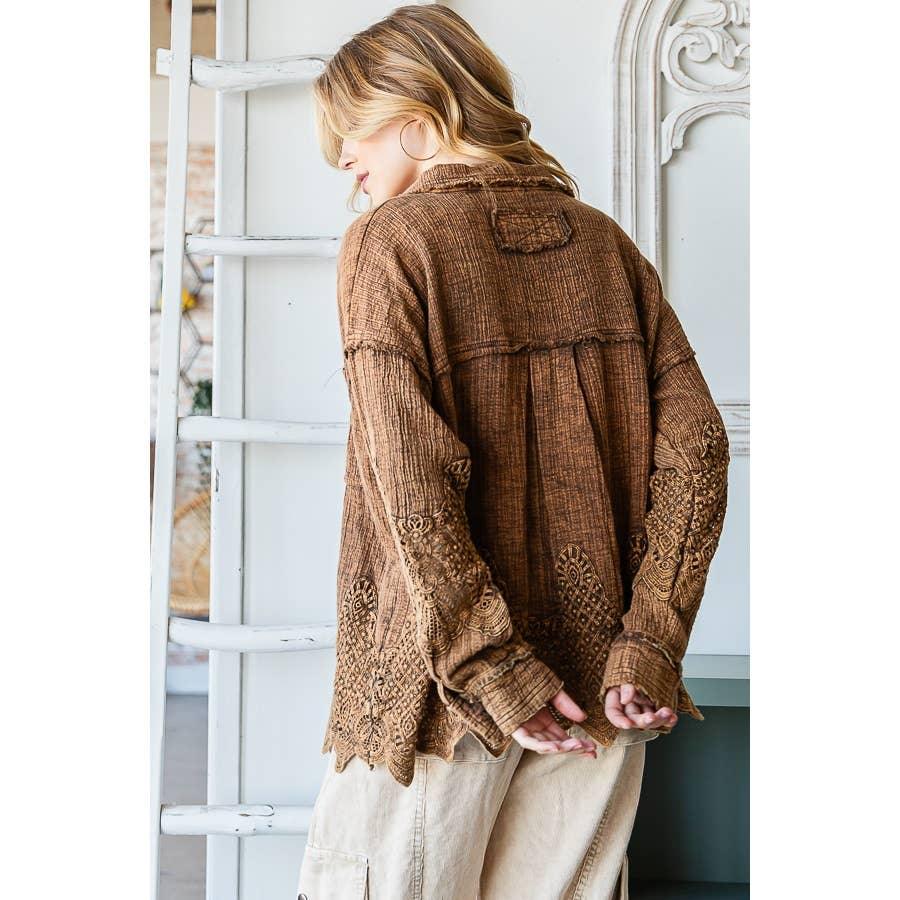 WASHED LACE MIXED BUTTONDOWN SHIRT: COFFEE / S - Random Hippie