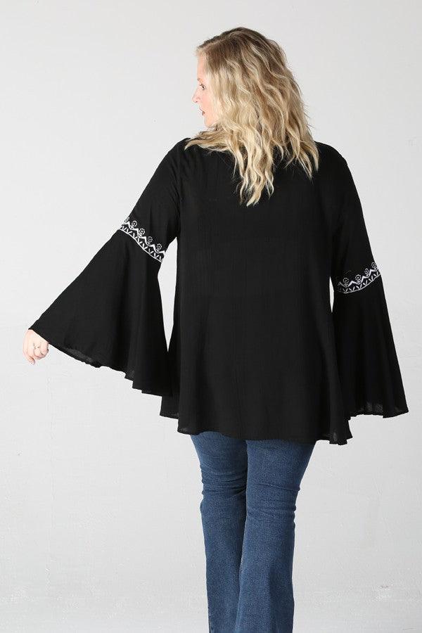 Bell Sleeve Embroidered Notch Neck Top - Random Hippie