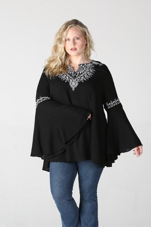 Bell Sleeve Embroidered Notch Neck Top - Random Hippie