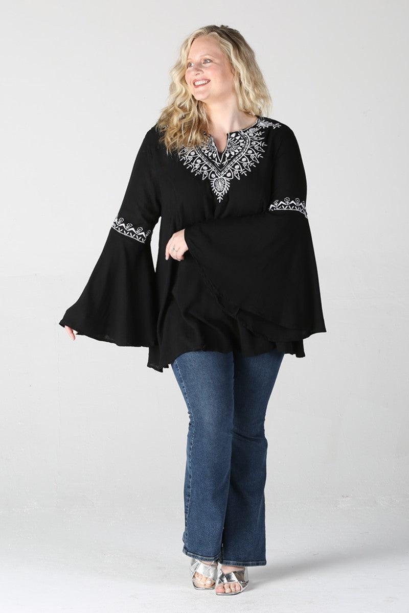 Bell Sleeve Embroidered Notch Neck Top - Random Hippie