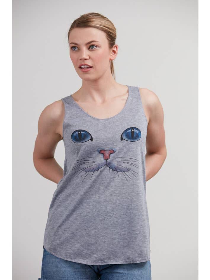 Blue eyed cat face graphic on a gray women&