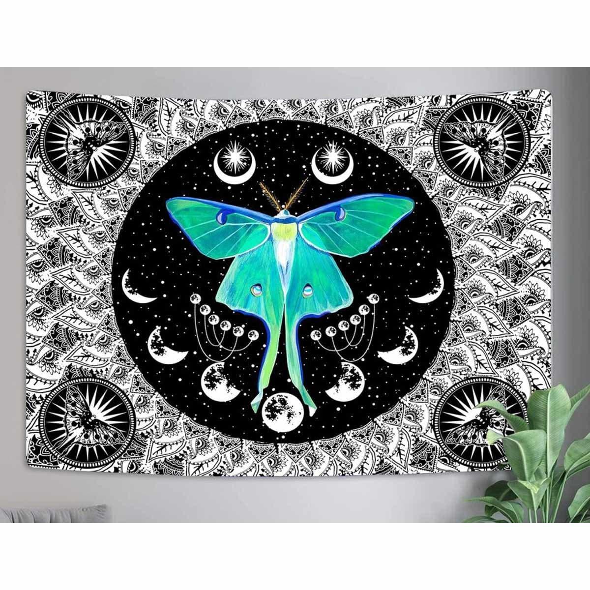 A wall tapestry with a large green luna moth surrounded by a starry sky, moon phases and mandala print