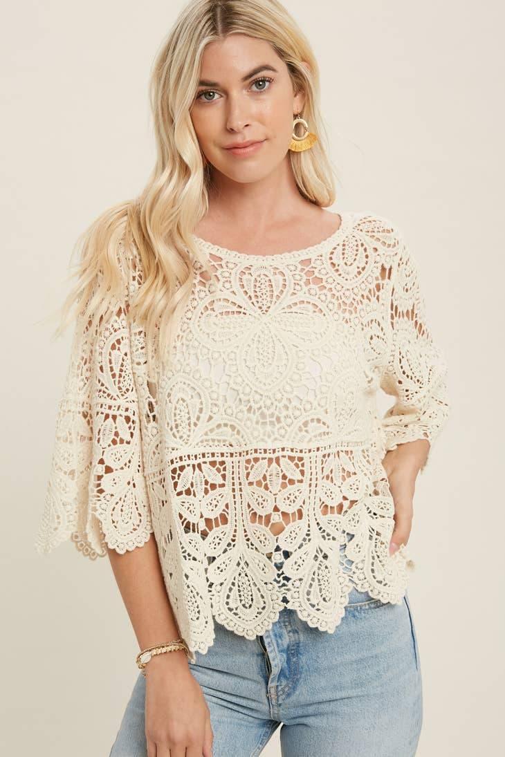 Crochet 3/4 Sleeve Lace Top - Random Hippie