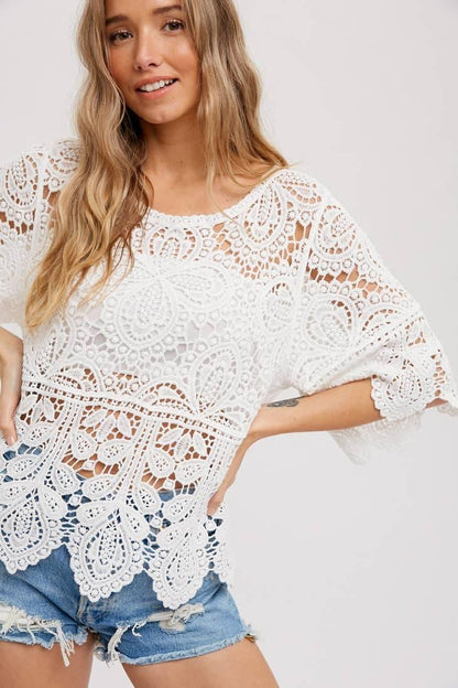 Crochet 3/4 Sleeve Lace Top - Random Hippie