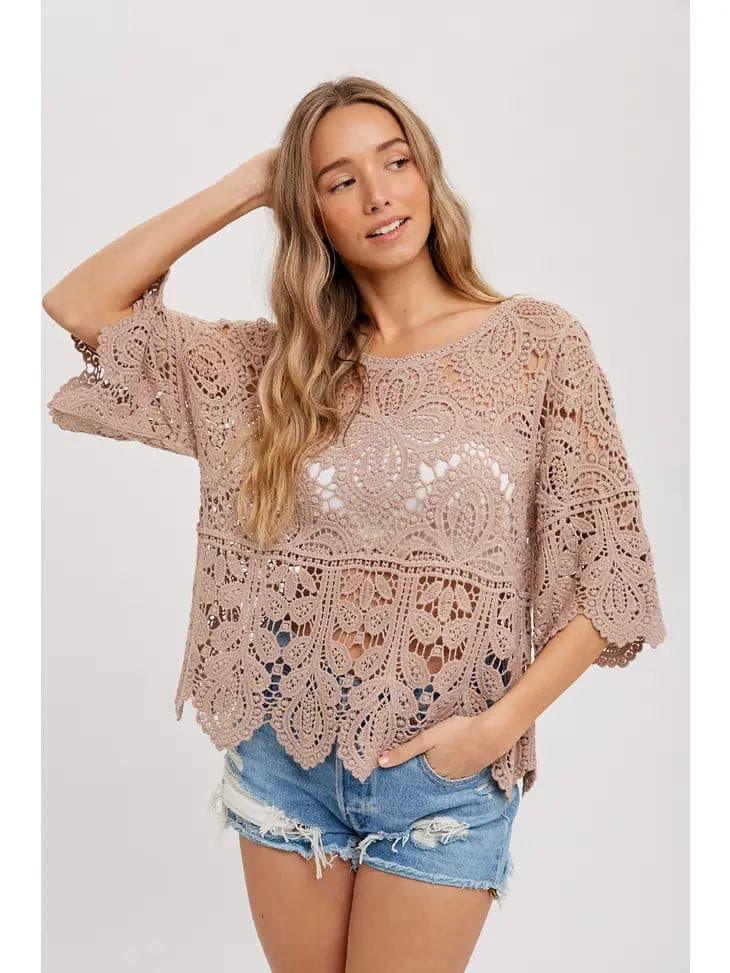 Crochet 3/4 Sleeve Lace Top - Random Hippie