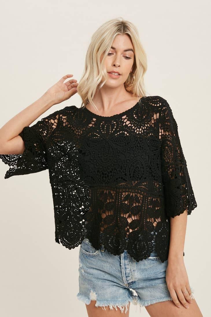 Crochet 3/4 Sleeve Lace Top - Random Hippie