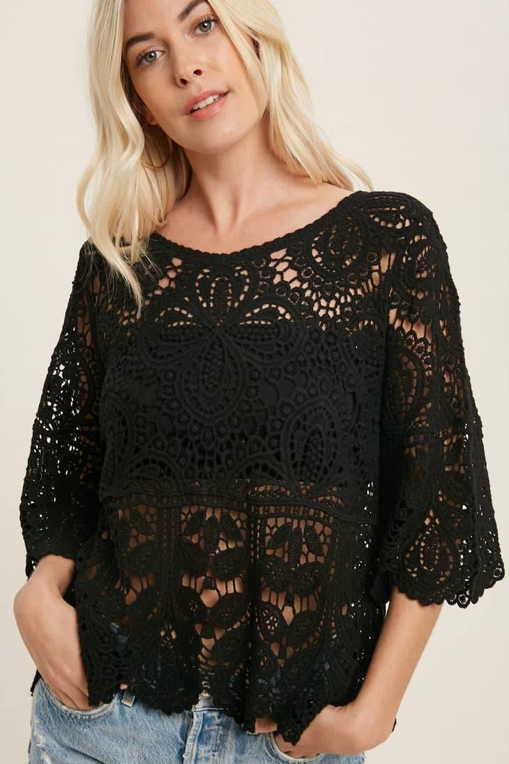 Crochet 3/4 Sleeve Lace Top - Random Hippie