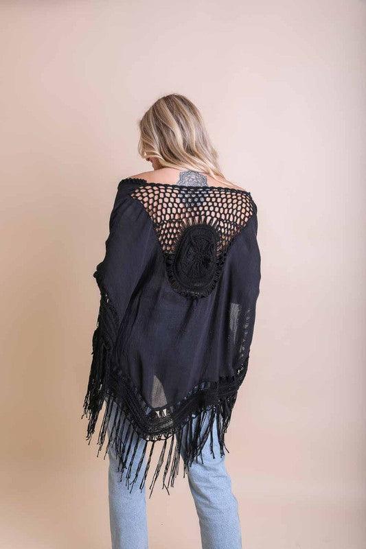 Crochet Medallion Tassel Trim Kimono.