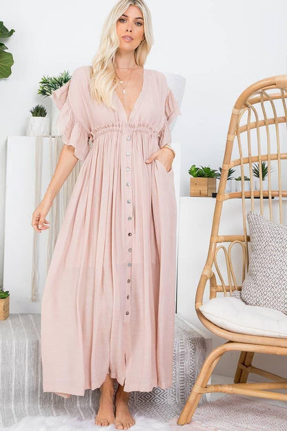 Deep V-Neck Ruffle Maxi Dress - Random Hippie