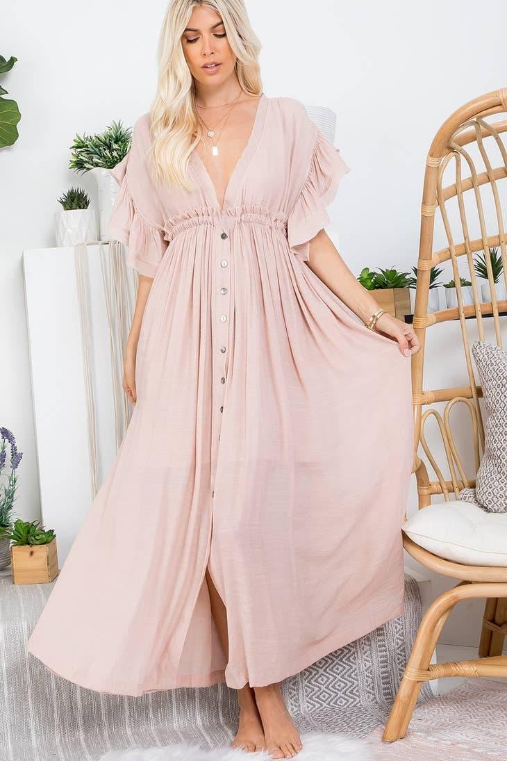 Deep V-Neck Ruffle Maxi Dress - Random Hippie