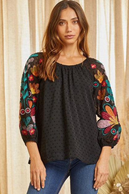 Floral Embroidered Sleeve Blouse - Random Hippie