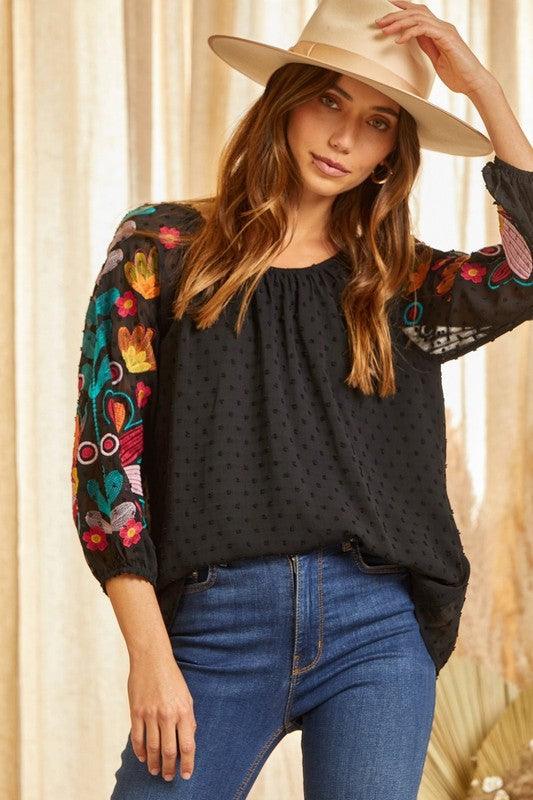Floral Embroidered Sleeve Blouse - Random Hippie