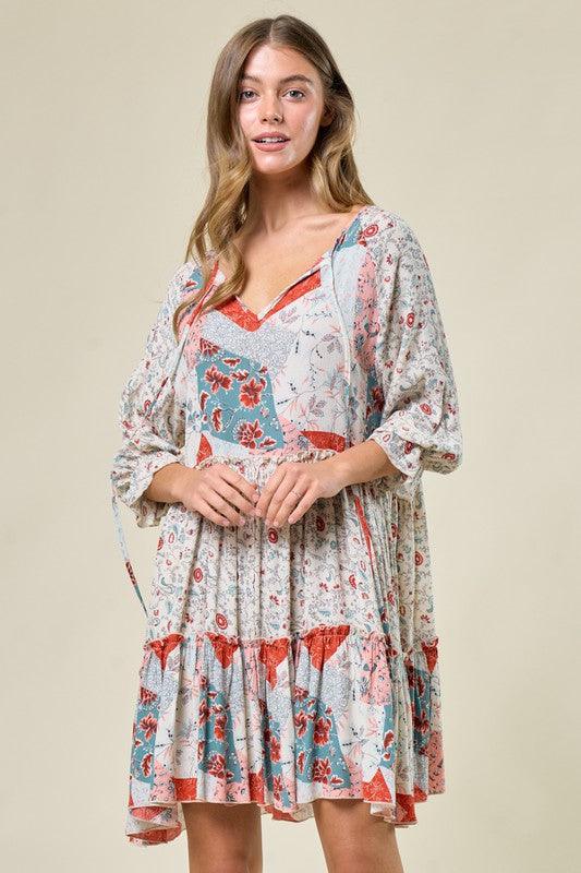 Floral Patchwork Print Tiered Mini-Dress.