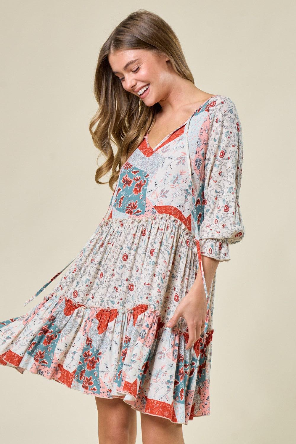 Floral Patchwork Print Tiered Mini-Dress.