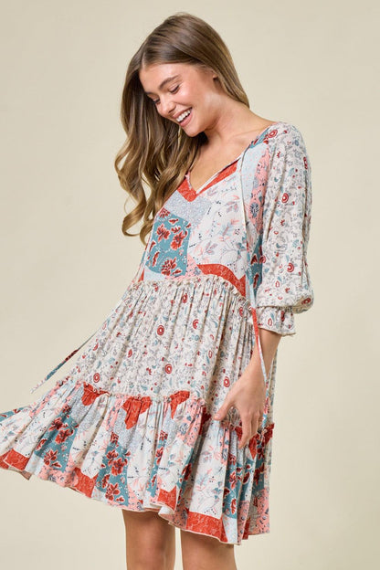 Floral Patchwork Print Tiered Mini-Dress.