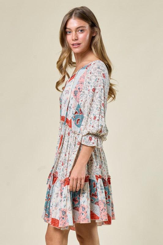 Floral Patchwork Print Tiered Mini-Dress.