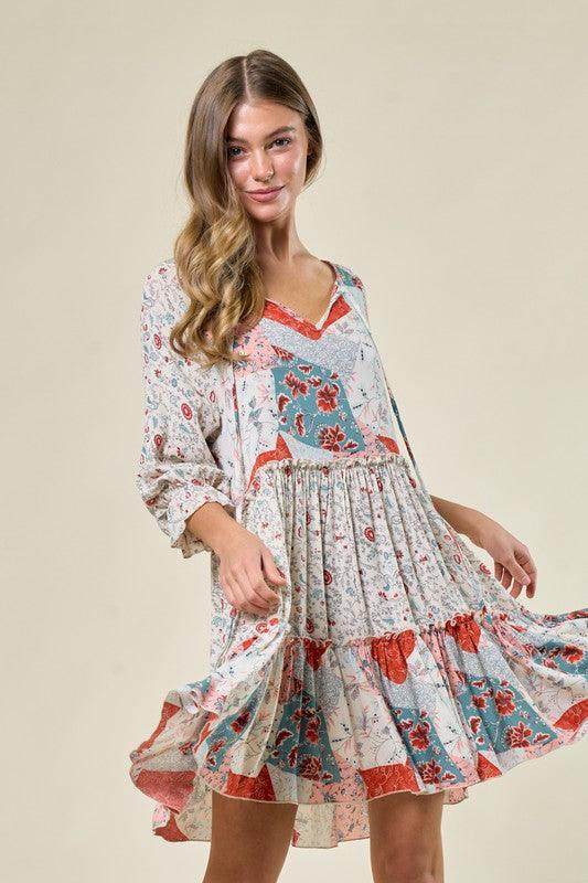 Floral Patchwork Print Tiered Mini-Dress.