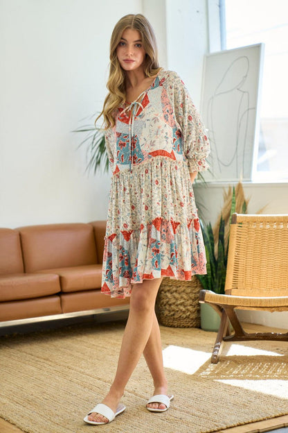 Floral Patchwork Print Tiered Mini-Dress.