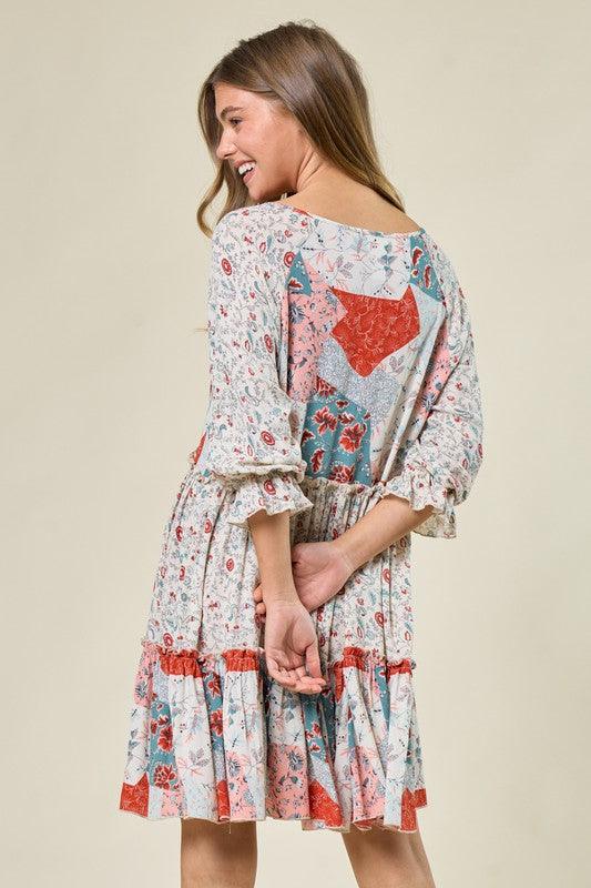 Floral Patchwork Print Tiered Mini-Dress.