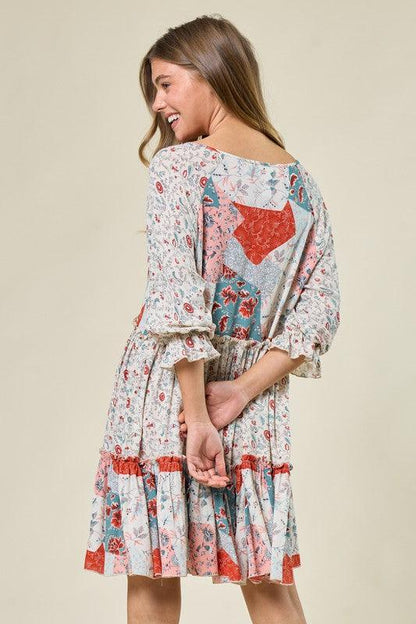 Floral Patchwork Print Tiered Mini-Dress.