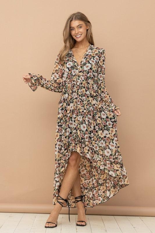 Floral Print Chiffon Tiered Maxi Dress - Random Hippie