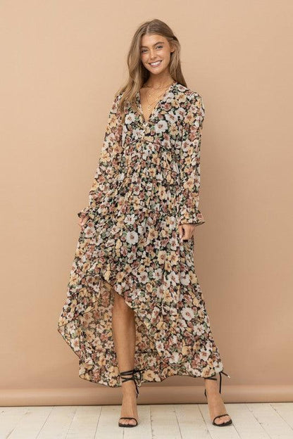 Floral Print Chiffon Tiered Maxi Dress - Random Hippie