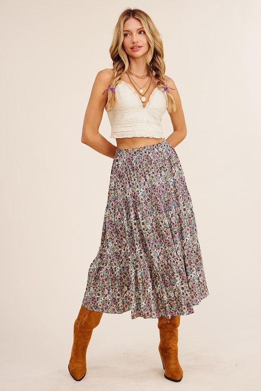 Floral Printed Tiered Midi Skirt - Random Hippie