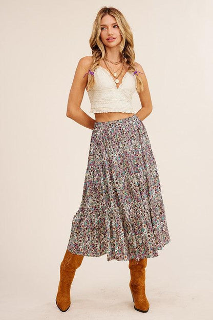 Floral Printed Tiered Midi Skirt - Random Hippie