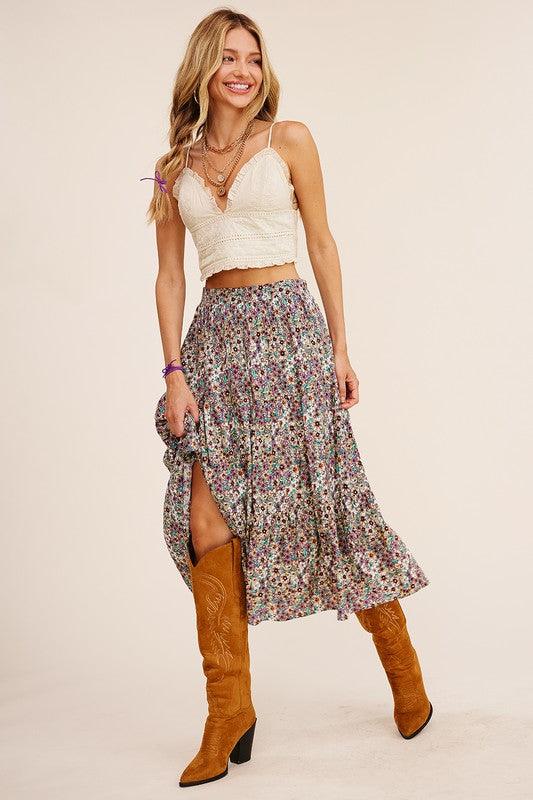 Floral Printed Tiered Midi Skirt - Random Hippie