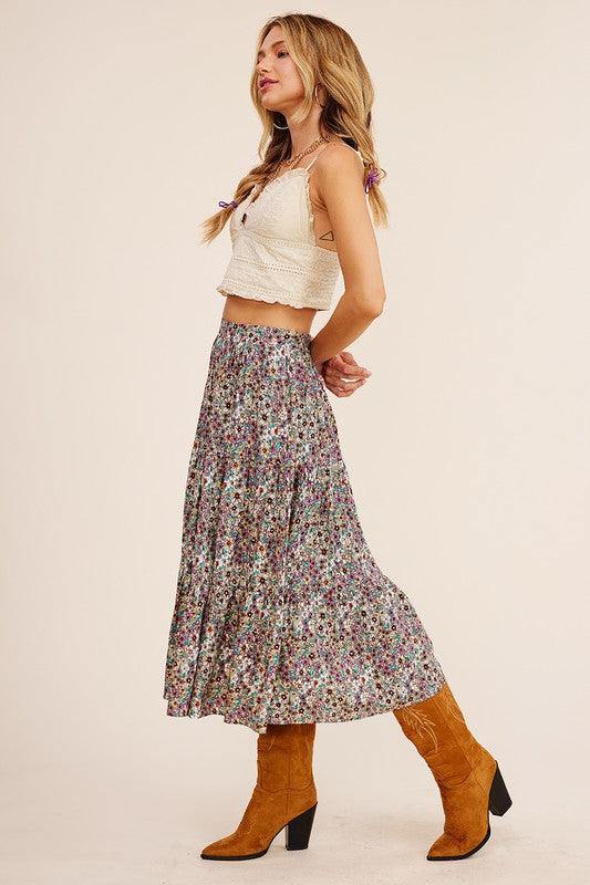 Floral Printed Tiered Midi Skirt - Random Hippie