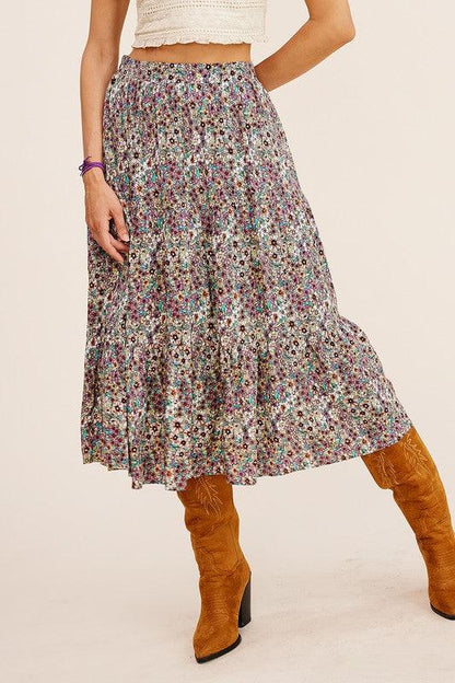 Floral Printed Tiered Midi Skirt - Random Hippie