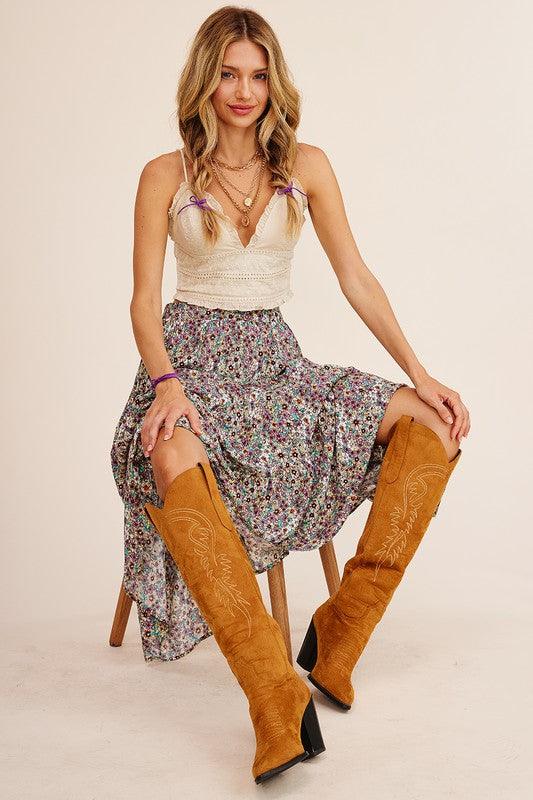 Floral Printed Tiered Midi Skirt - Random Hippie